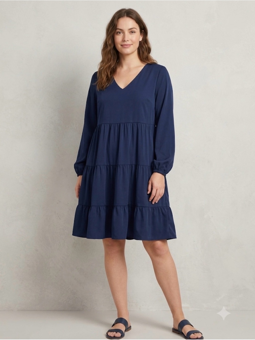 Tiered V-Neck Midi Dress in Navy